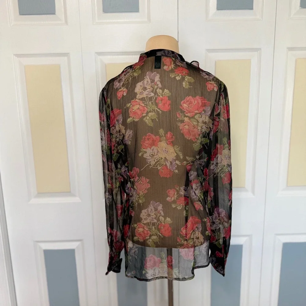 Lauren Ralph Lauren Floral Ruffle Front Sheer Blouse Black Red Rose Medium - Picture 3 of 8